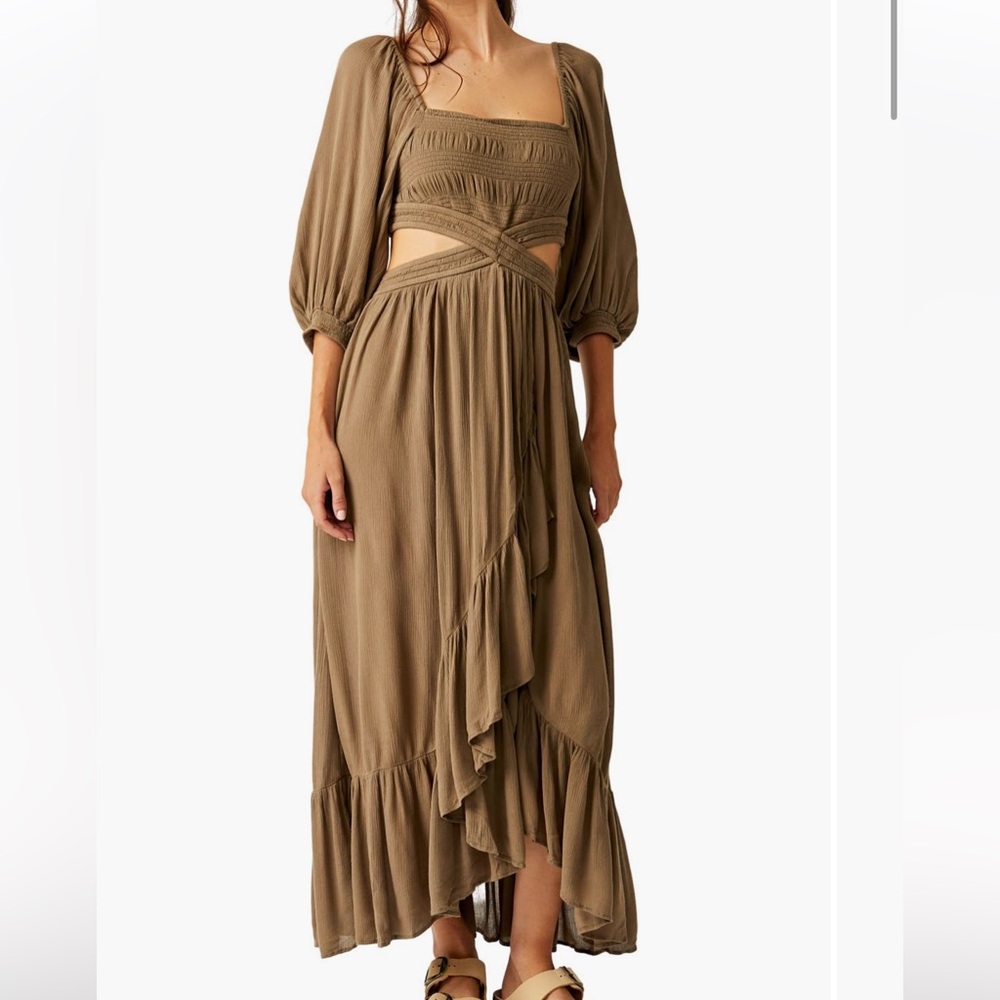Free People Olive Brown Cutout Maxi Dress with Puff Sleeves